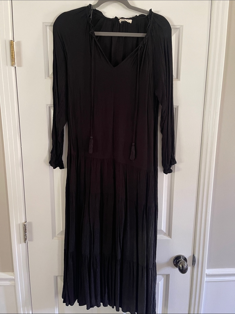 lovestitch Black Long Sleeve Tiered Maxi Dress with Tassel V-Neck